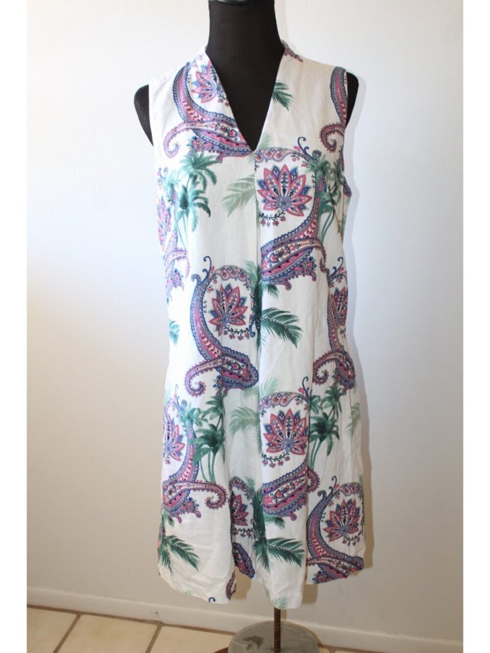 Tommy Bahama Paisley Mini Dress Linen blend M sleeveless Palm Tropical Pockets